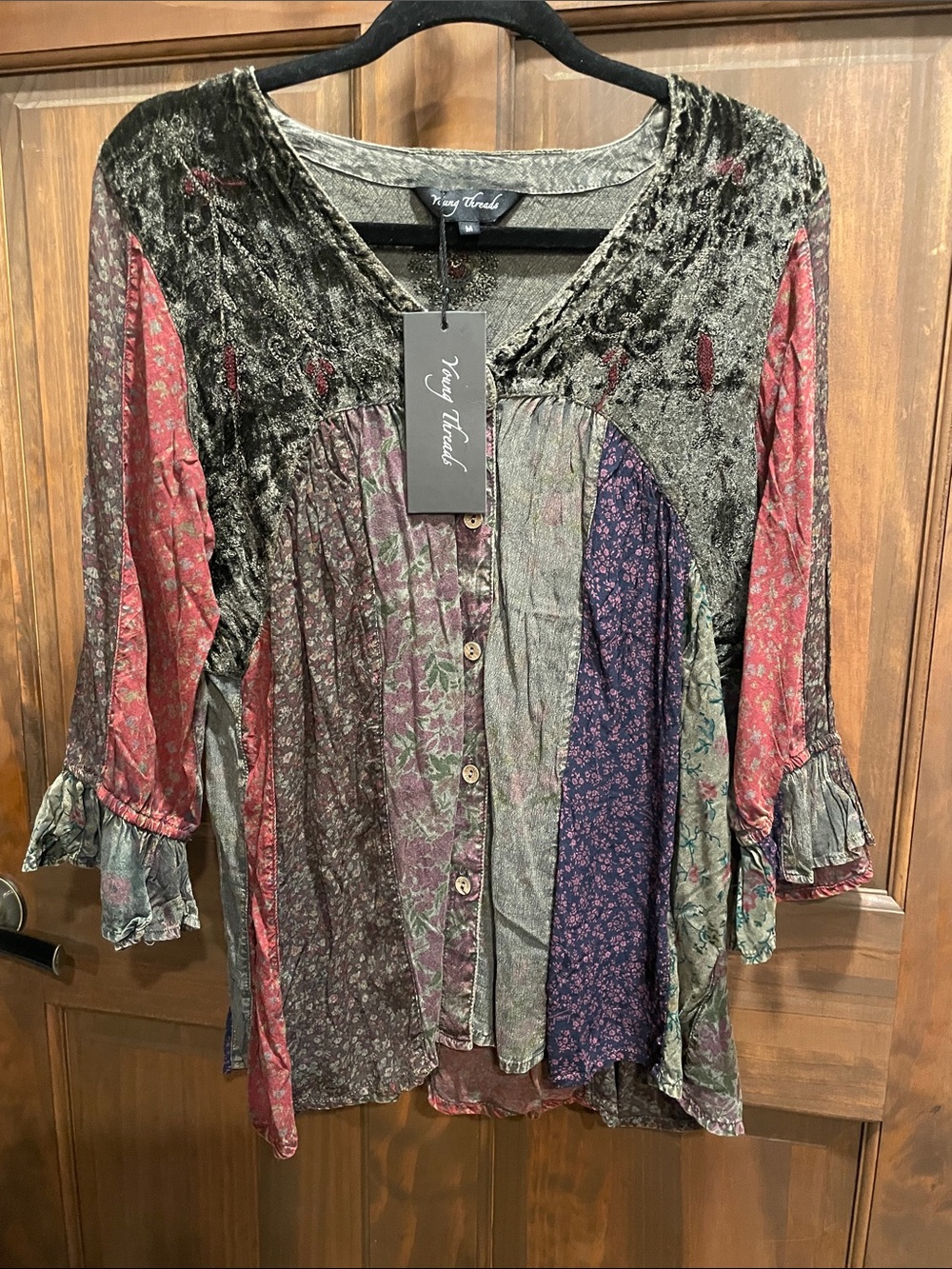 Vary French Multicolor Patchwork Velvet Yoke Button-Front Tunic - Red & Green